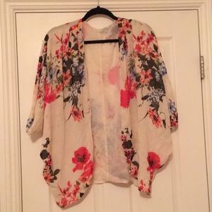 Off-White and Multi-Colored Floral Wrap Kimono